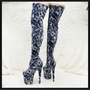 Pleaser Money Print Over-the-Knee Platform Stiletto Boots - Black/Gray